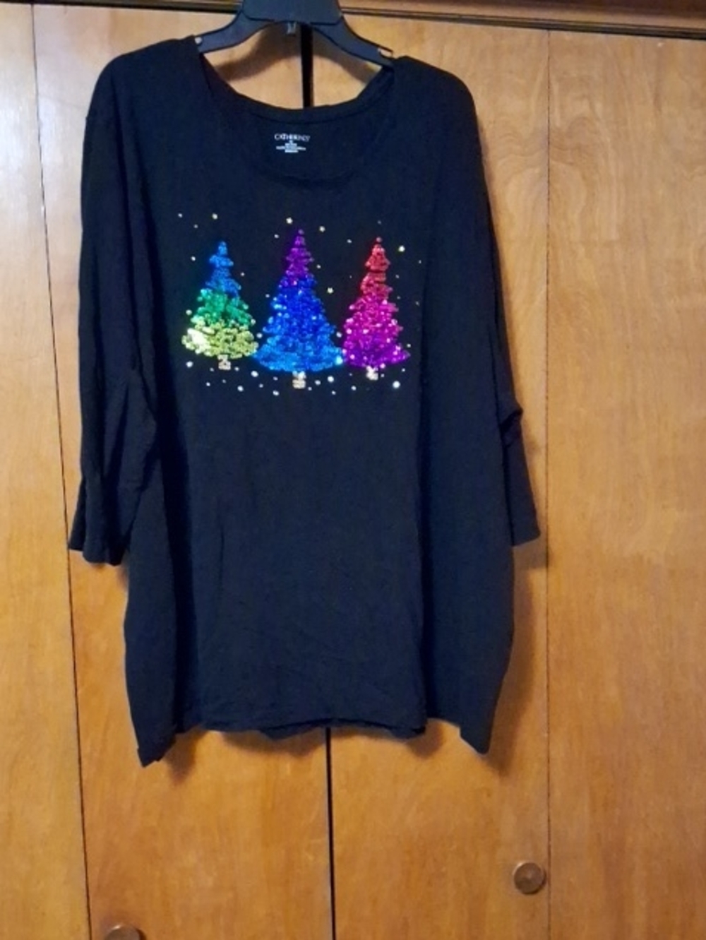 Catherines Black Long-Sleeve Tee with Multicolor Sequin Trees